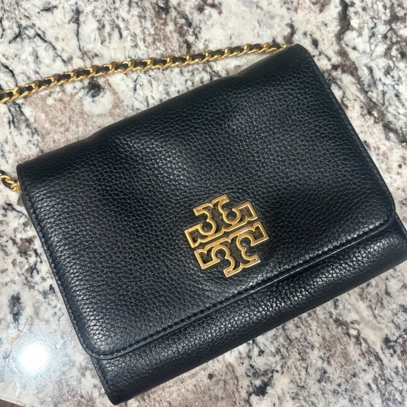 Tory Burch Handbags - Tory Burch Britten Black Leather Wallet Crossbody Chain Bag Gold Logo